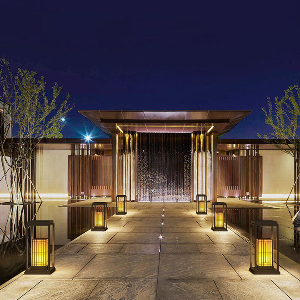 Traditional Asian Outdoor Light with Rectangular Frame and Patterned Lampshade