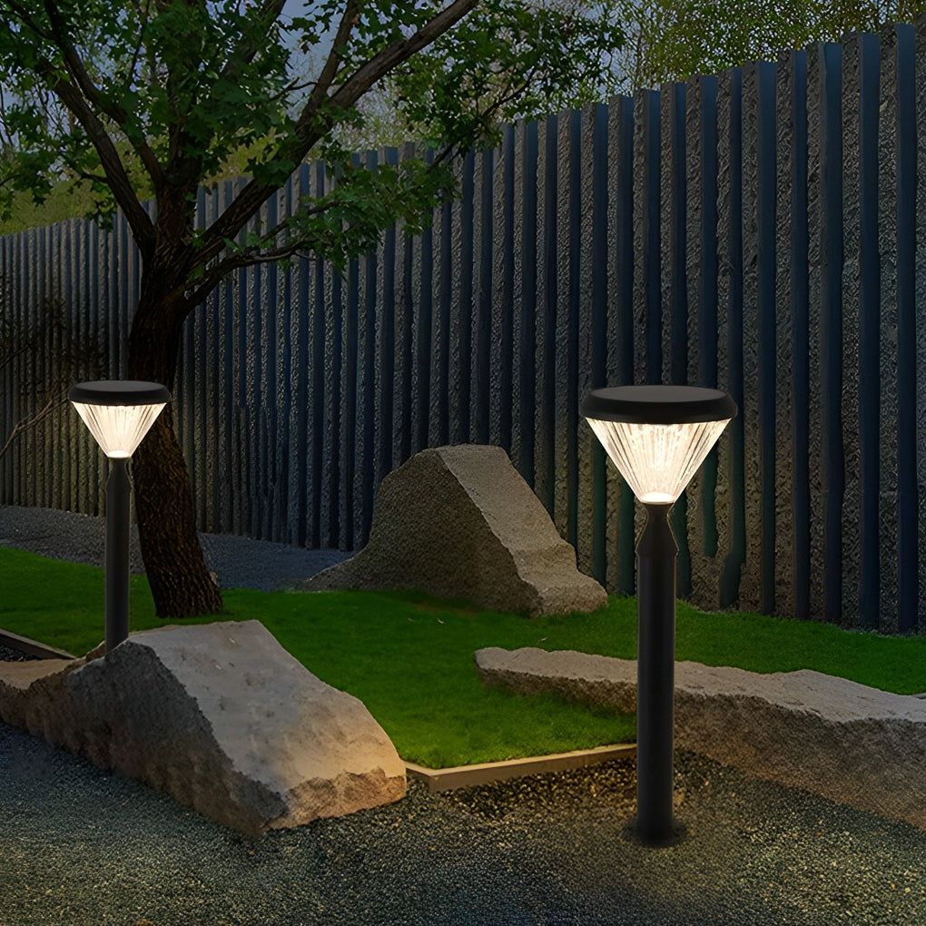 Round Solar LED Outdoor Lights in Black with Ribbed Lampshade