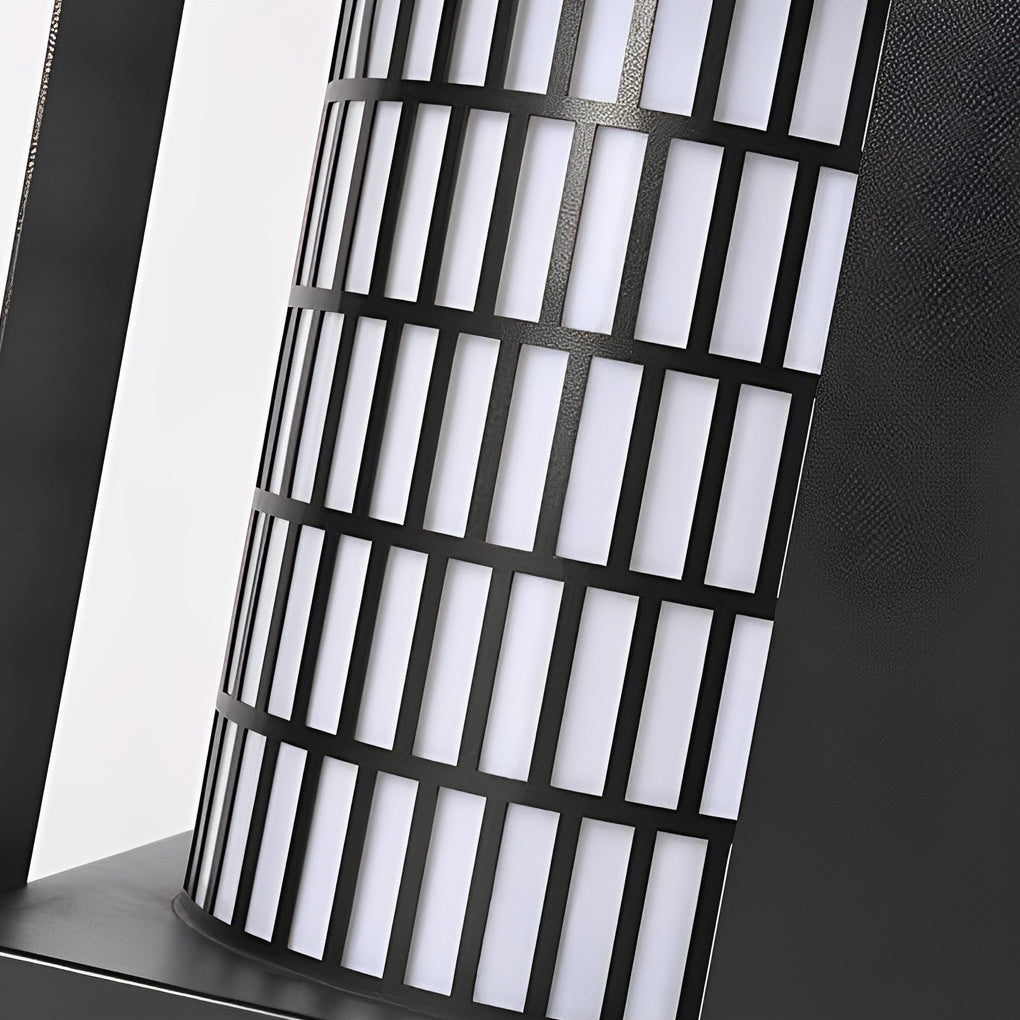 Four-Panel Cylinder Lantern LED Black Waterproof Outdoor Light with Lattice Pattern