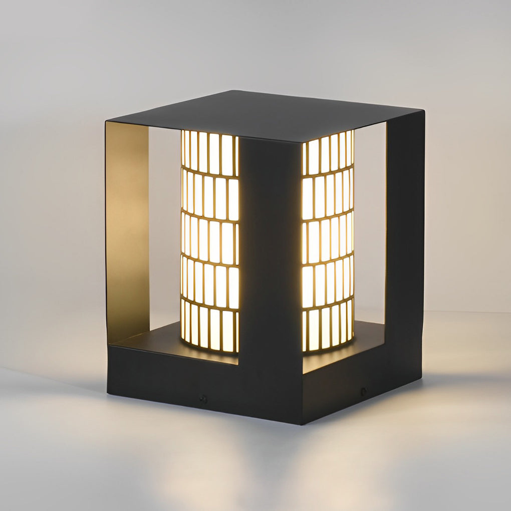 Four-Panel Cylinder Lantern LED Black Waterproof Outdoor Light with Lattice Pattern