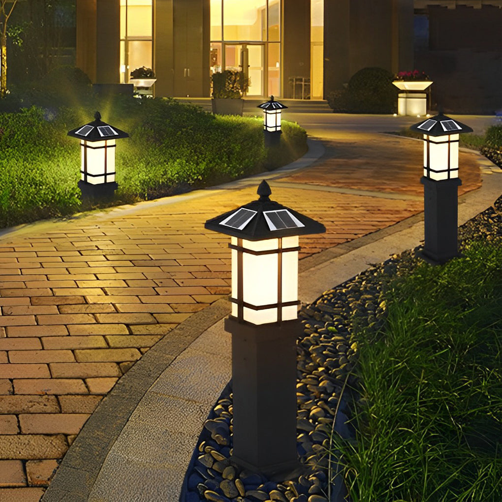 Modern Solar LED Bollard Lights with Ancient Asian Style Top Waterproof Outdoor Light