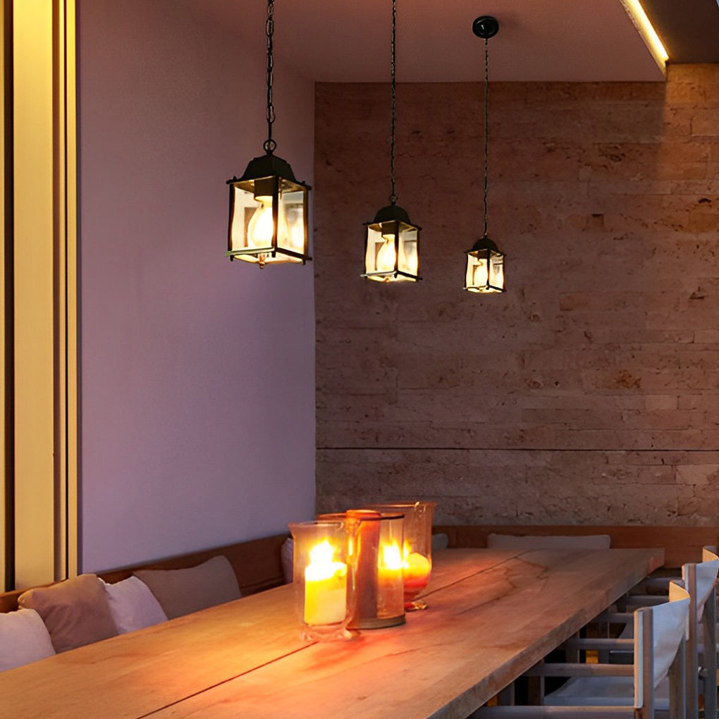 Small Square Waterproof Glass Black Modern Outdoor Pendant Lights