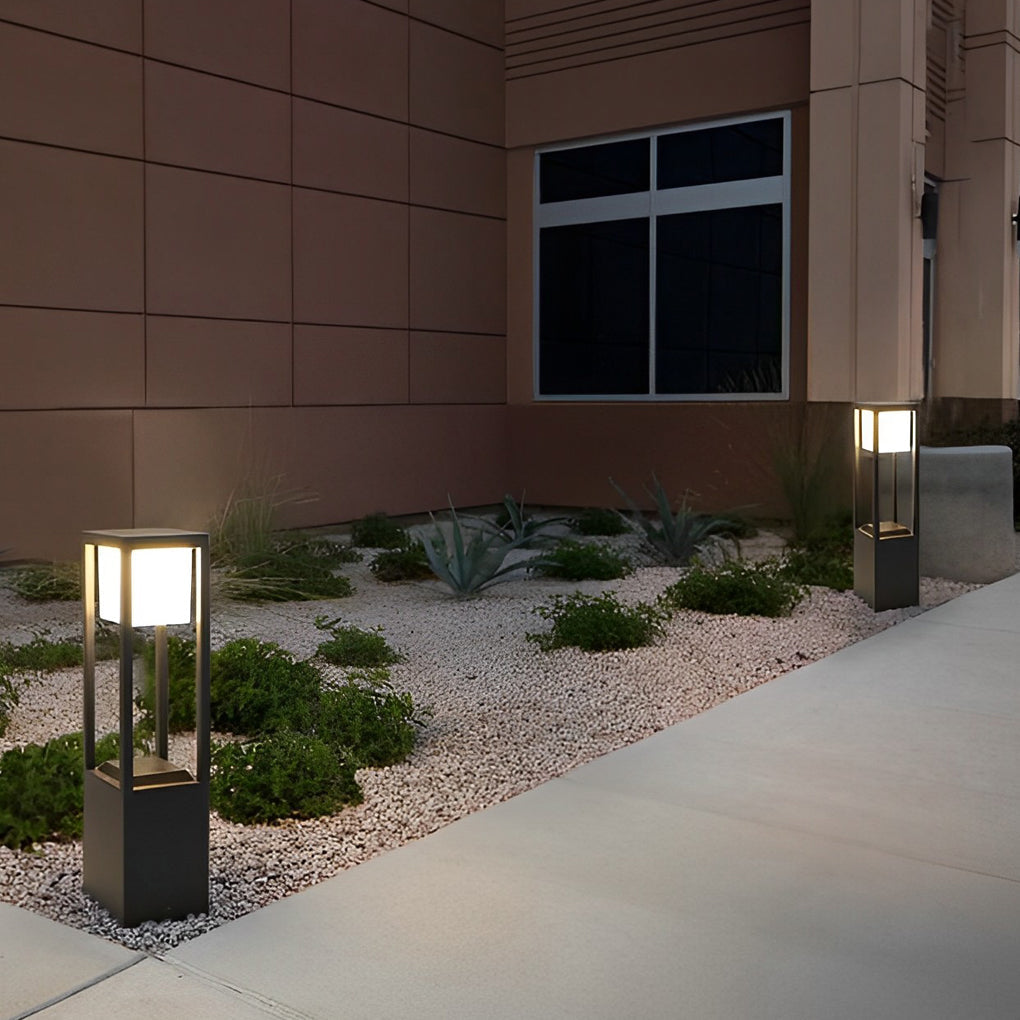Hollow Rectangular Solar LED Pathway Bollard Lights Black Aluminum Modern Design