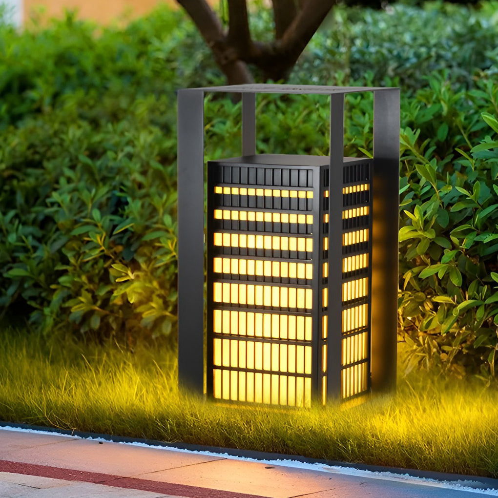 Black Industrial LED Outdoor Pathway Lantern - Building-Inspired Cuboid Design