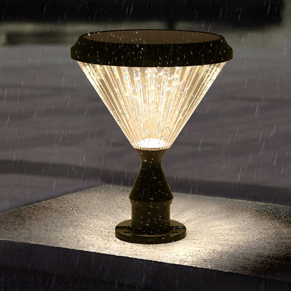 Round Solar LED Outdoor Lights in Black with Ribbed Lampshade