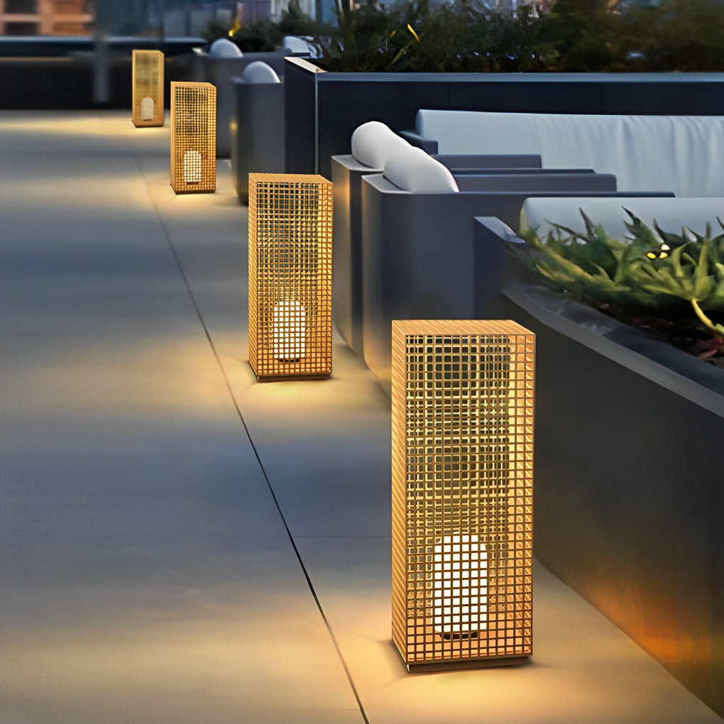 Artistic Gold Cuboid Pathway Bollard Lights with LED Solar or Hardwired Asian-Inspired Design