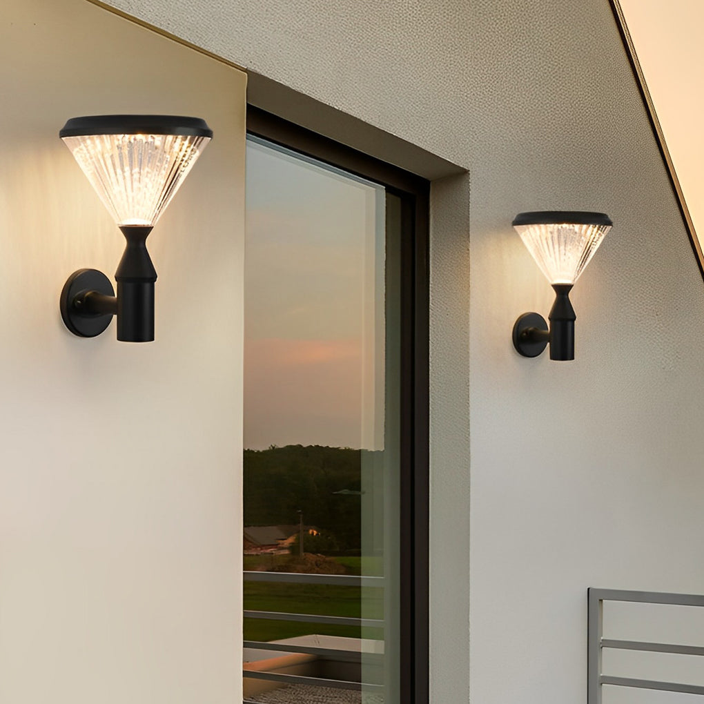 Round Solar LED Outdoor Lights in Black with Ribbed Lampshade