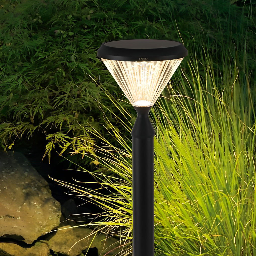 Round Solar LED Outdoor Lights in Black with Ribbed Lampshade