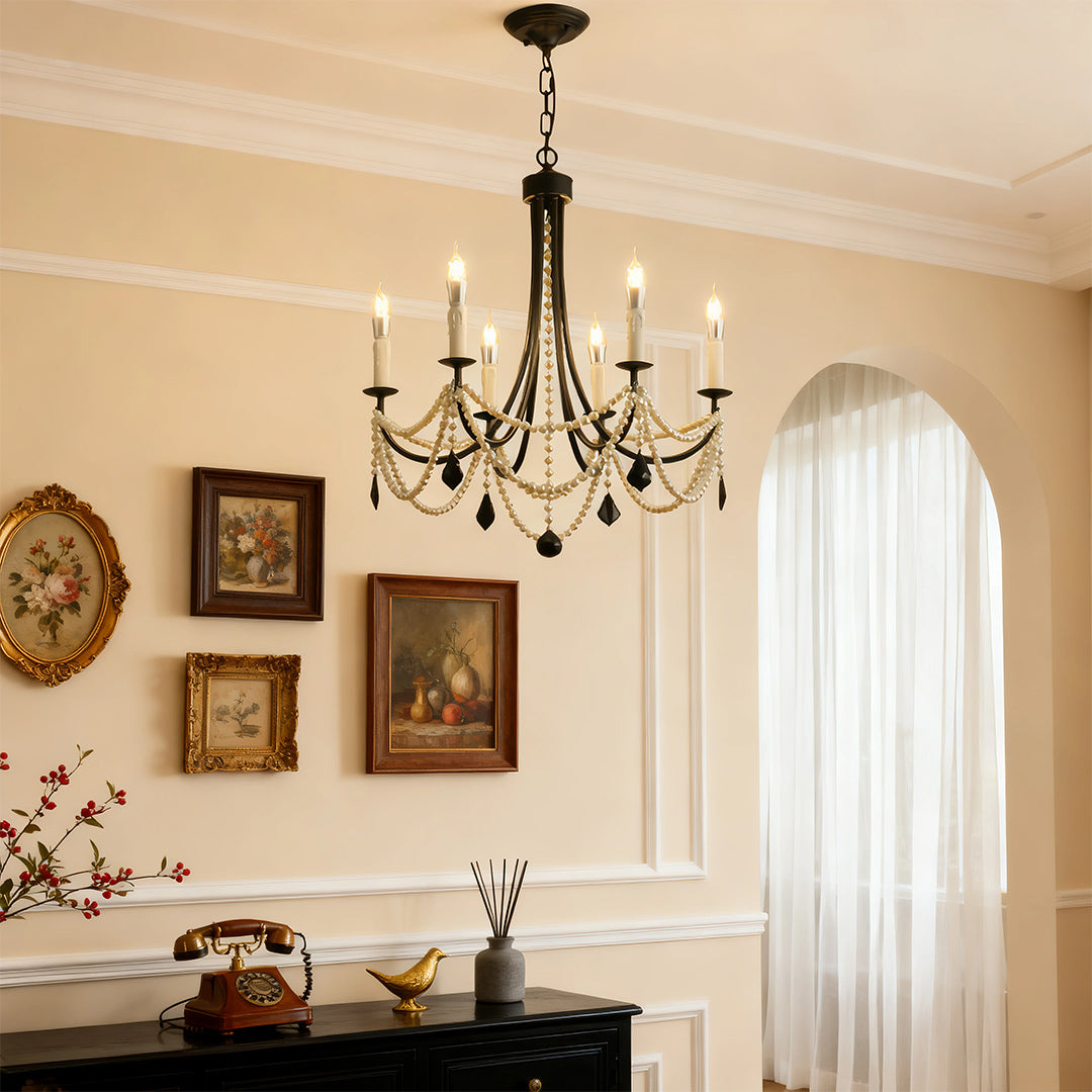 Pearl Chandelier Black Iron Artistic Crystal Ceiling Light