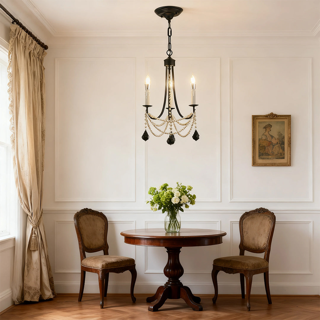 Pearl Chandelier Black Iron Artistic Crystal Ceiling Light