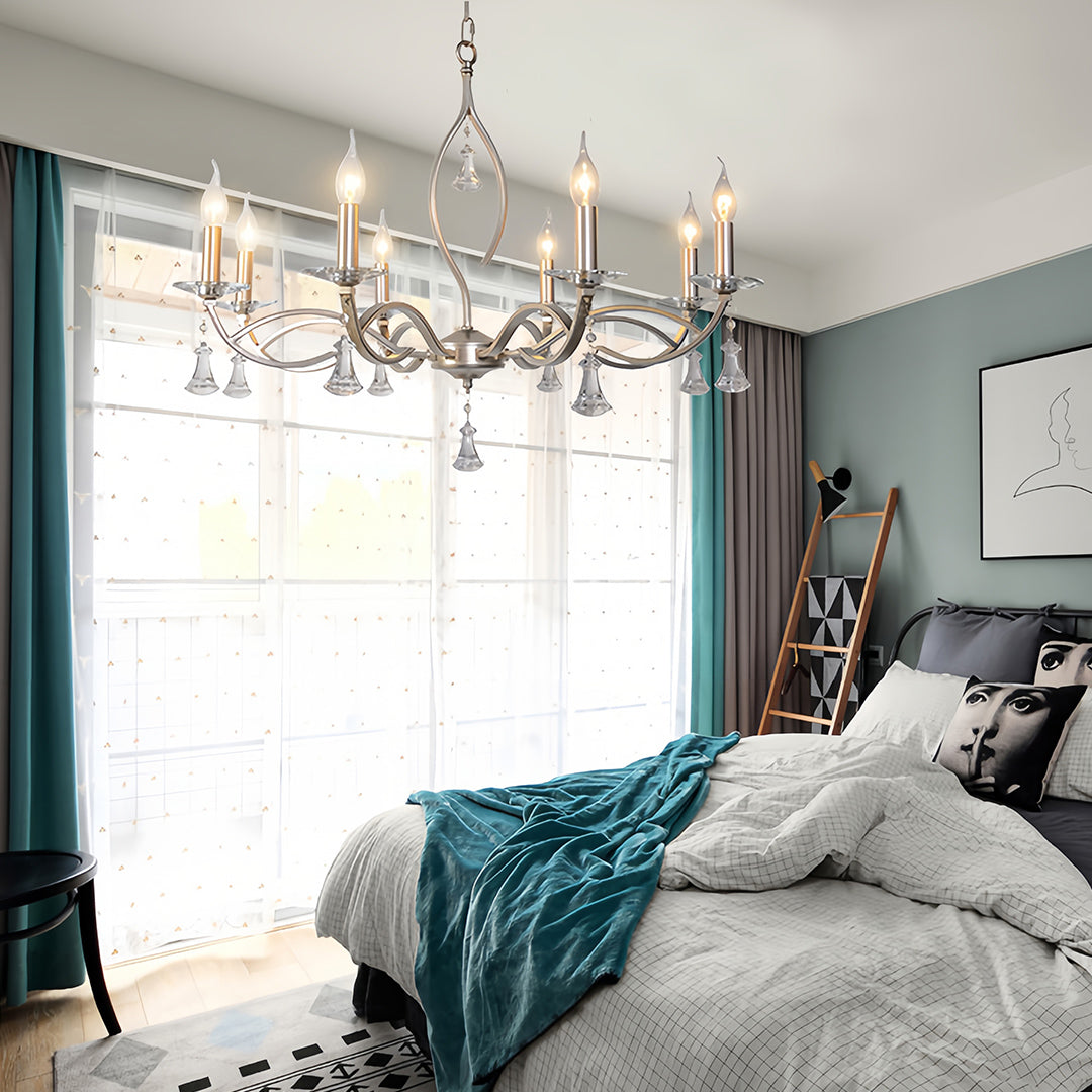 Candle Stick Chandelier Iron Silver Finish Crystal Ceiling Light