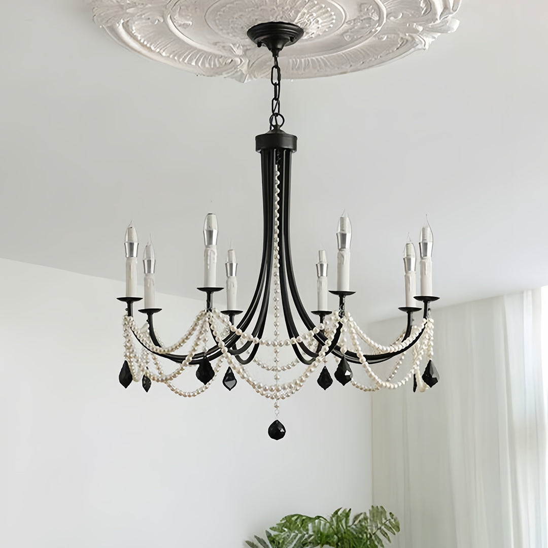 Pearl Chandelier Black Iron Artistic Crystal Ceiling Light