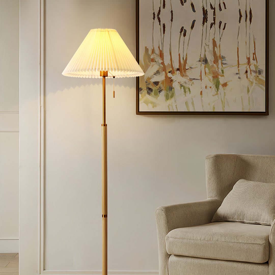 Floor Wood Lamp Pleated Fabric Shade Standing Lamp