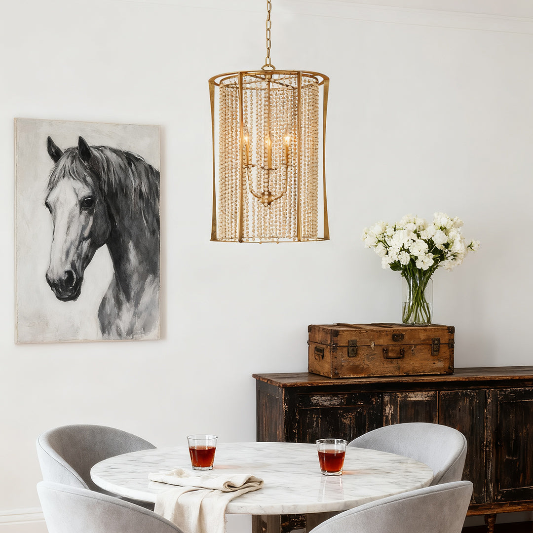 Wood Beaded Chandelier Handcrafted elegant stylish Gold Ceiling Light