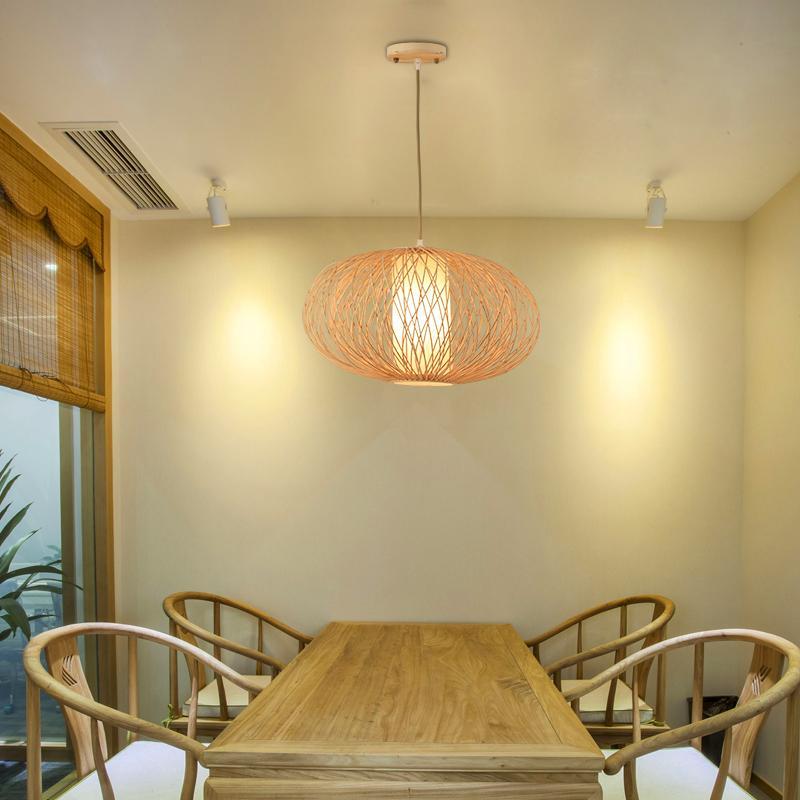 Rattan Globe Pendant Light Horizontally Oval Bamboo Woven Pendant Light