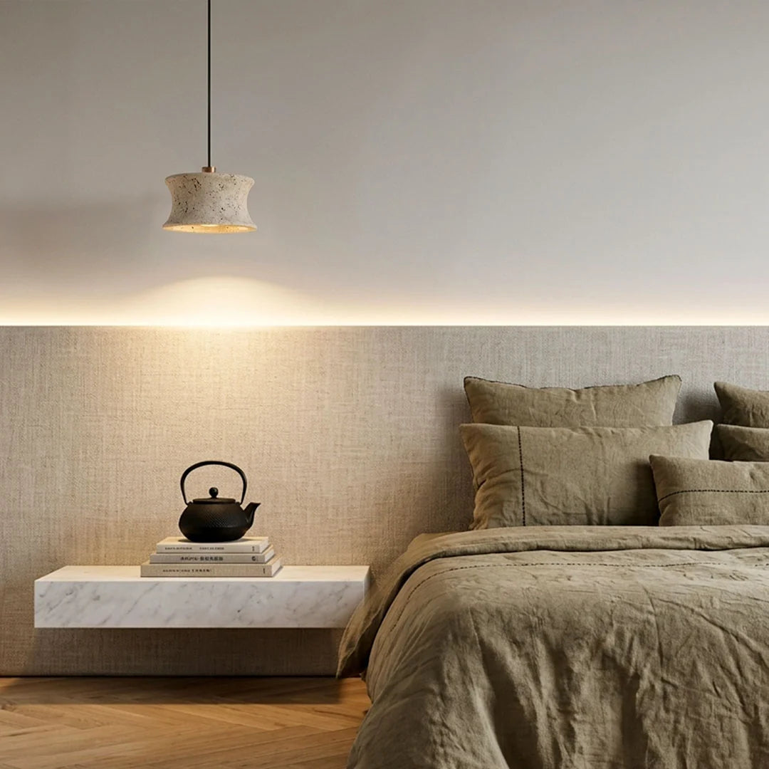 Drum Pendant Light Fixture French Wabi-Sabi Travertine Ceiling Light