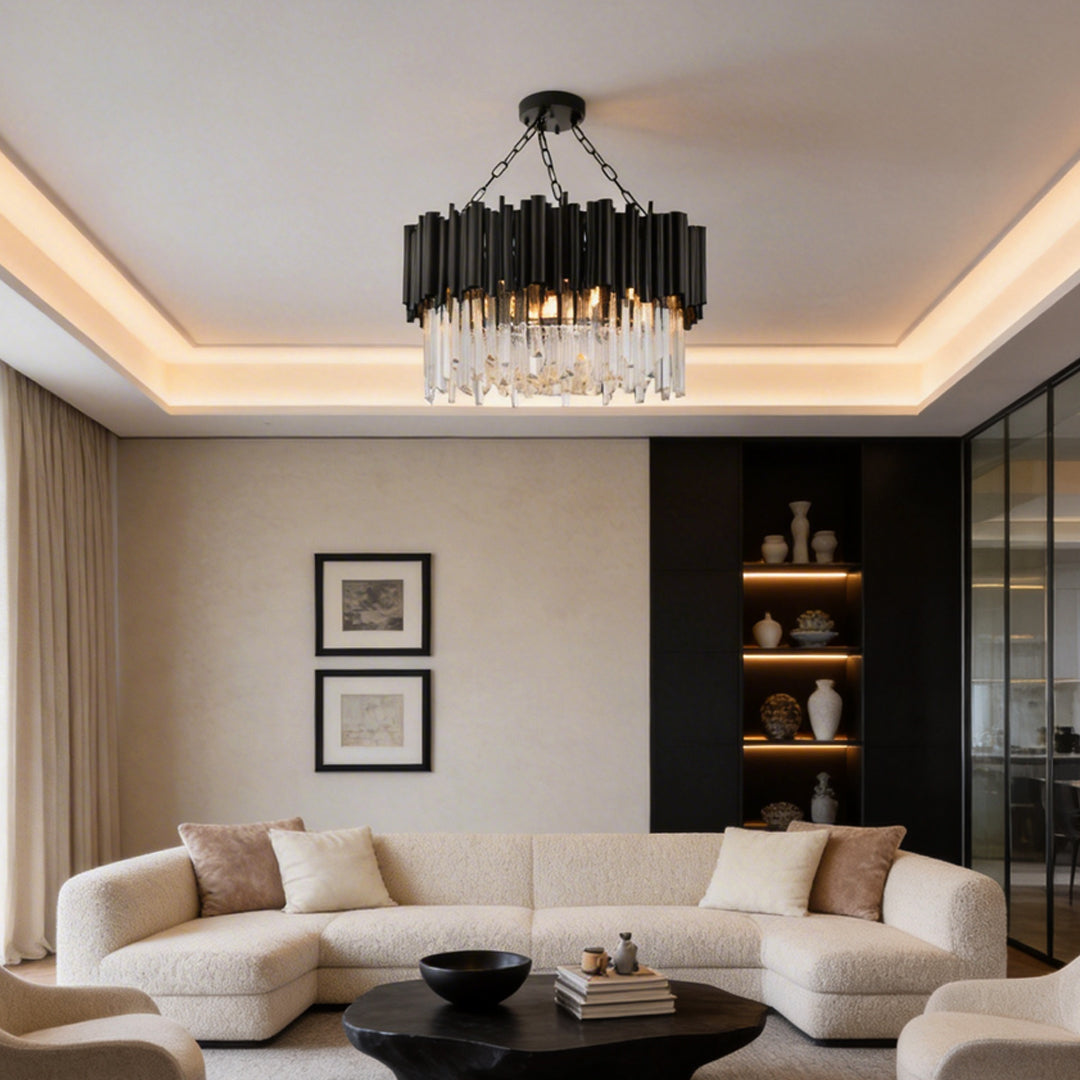 Black Metal and Crystal Chandelier Modern Round Ceiling Light