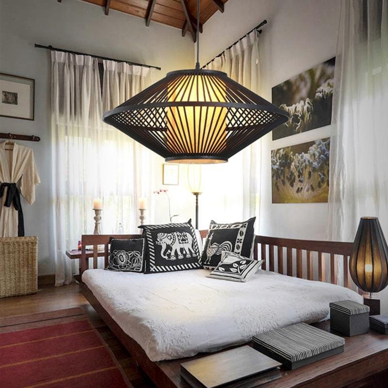 Black Rattan Pendant Light Radiating Bamboo Frame Ceiling Light