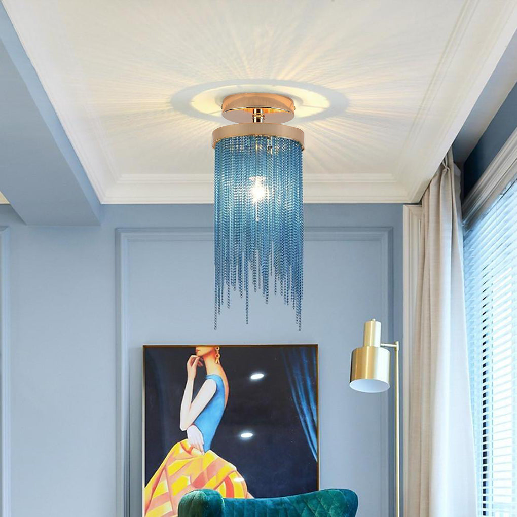 Metal LED Modern Farmhouse Semi Flush Mount Ceiling Light with Tassel Pendant Design