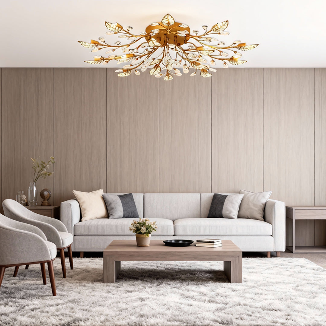 Brass Branch Chandelier Modern Crystal Leaf Ceiling Light