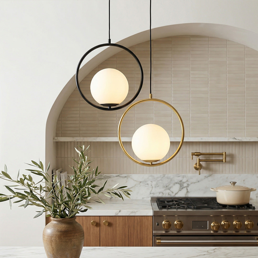 Opal Glass Ball Suspended with Circle Metal Gathering Pendant Light