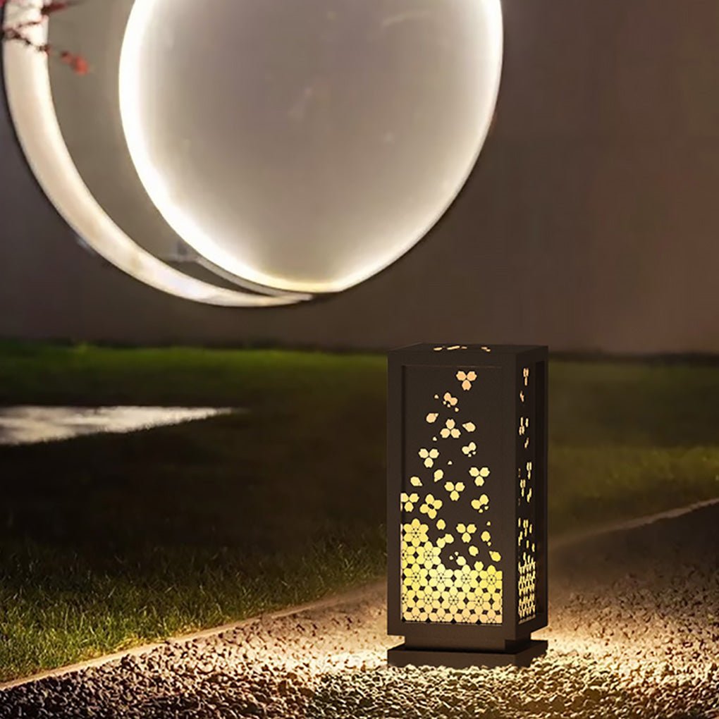 Rectangular Resin and Steel Garden Light with Carved Floral Lampshade