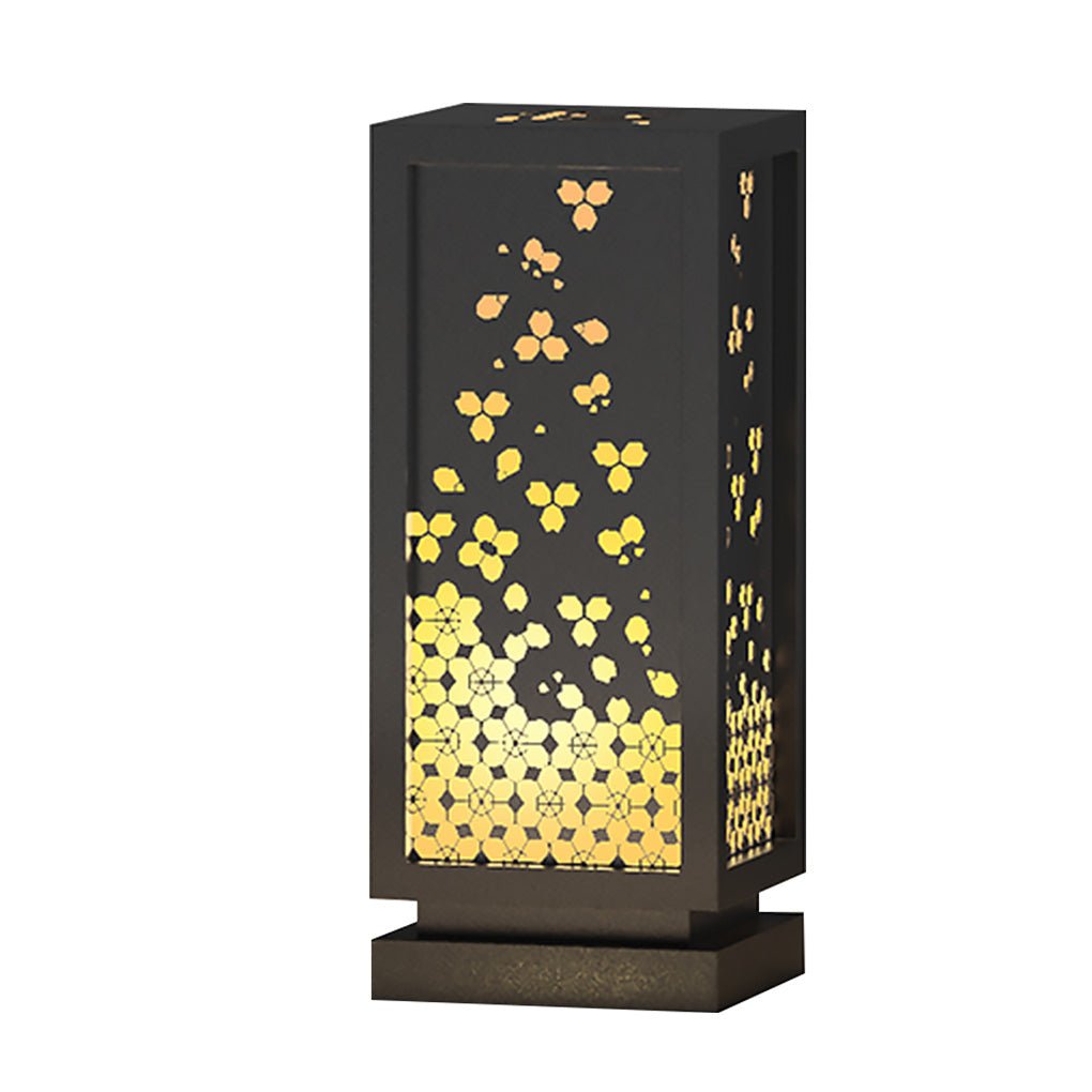 Rectangular Resin and Steel Garden Light with Carved Floral Lampshade