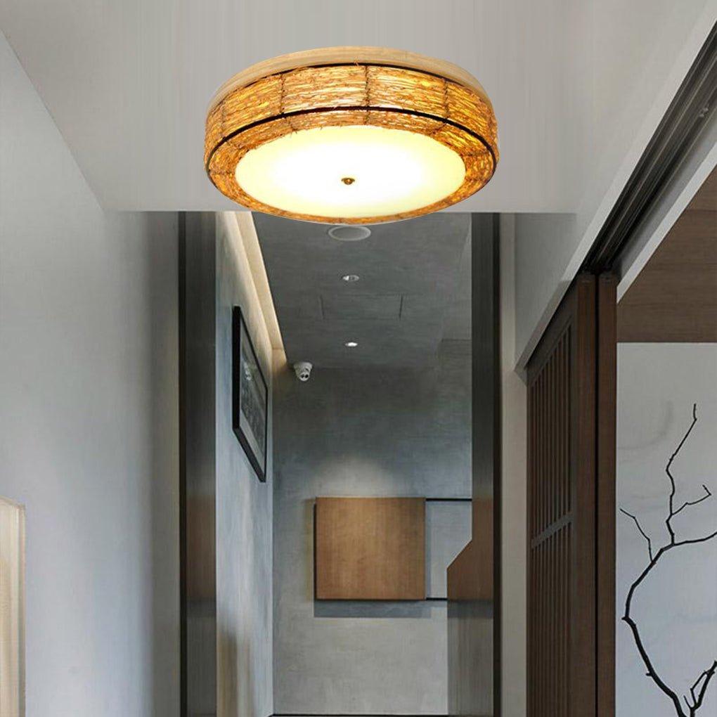 Compact Flush Mount Lighting Covered In Burly wood Wicker
