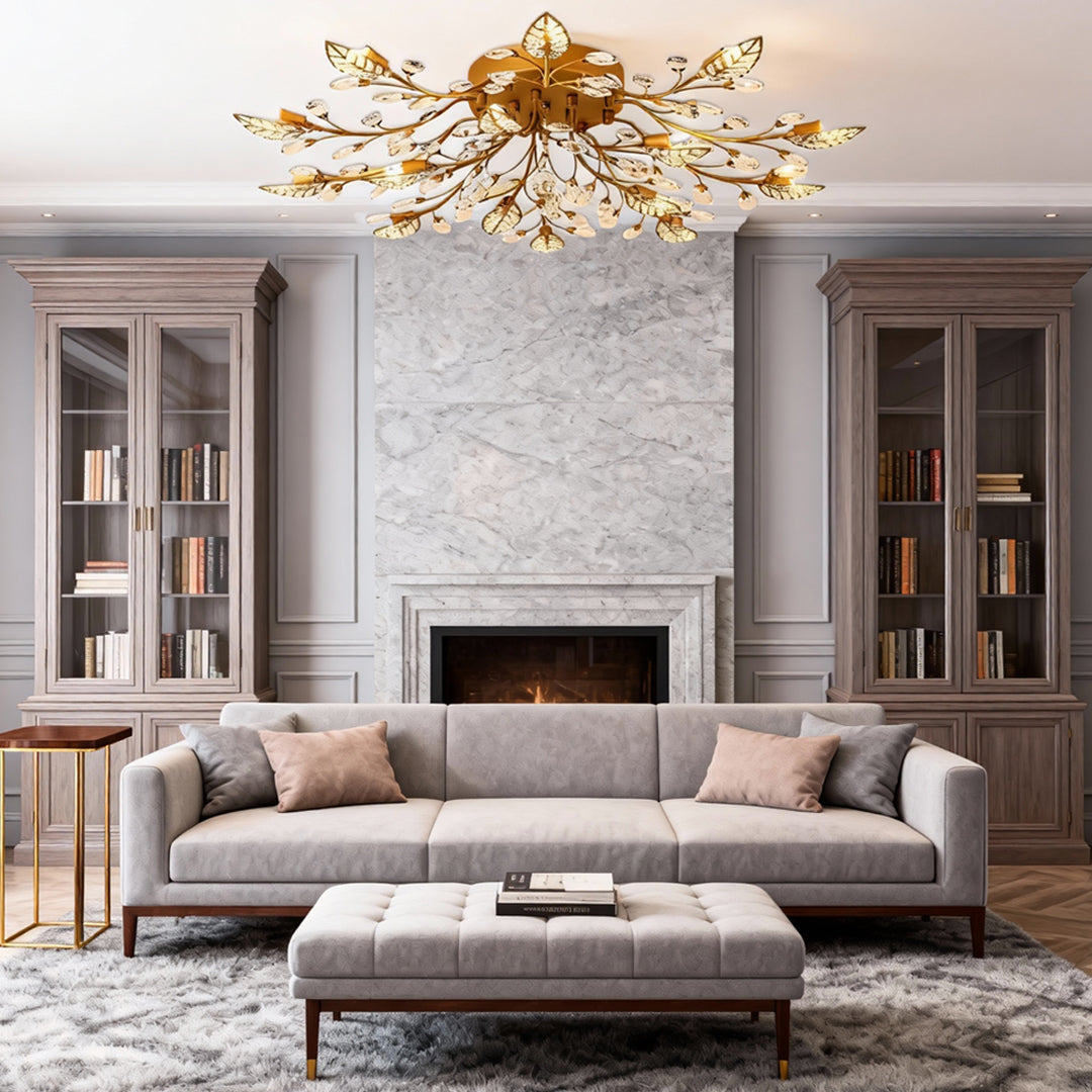 Brass Branch Chandelier Modern Crystal Leaf Ceiling Light