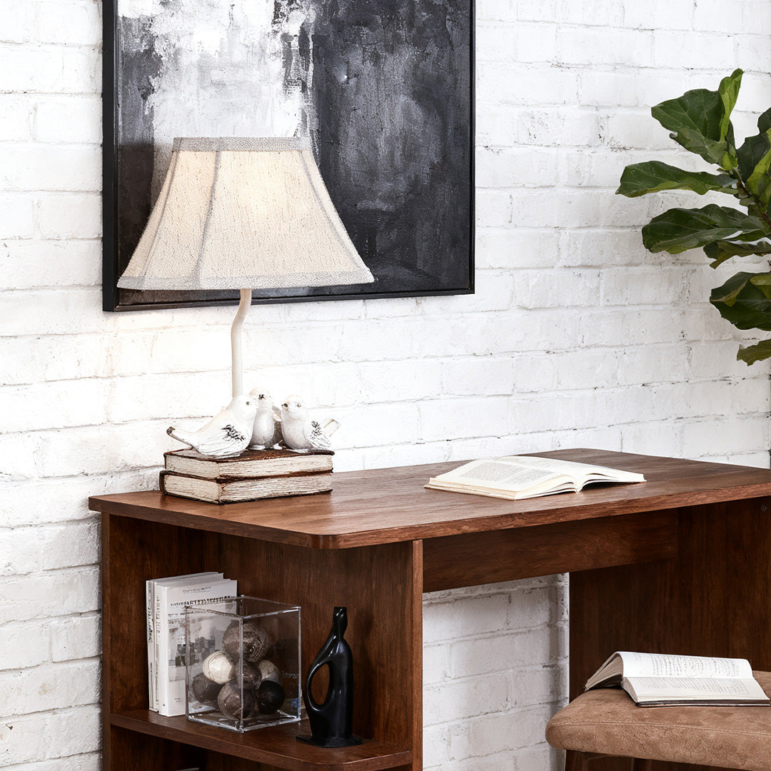 Small Bird Table Lamp French Perched on Stacked Books Fabric Light
