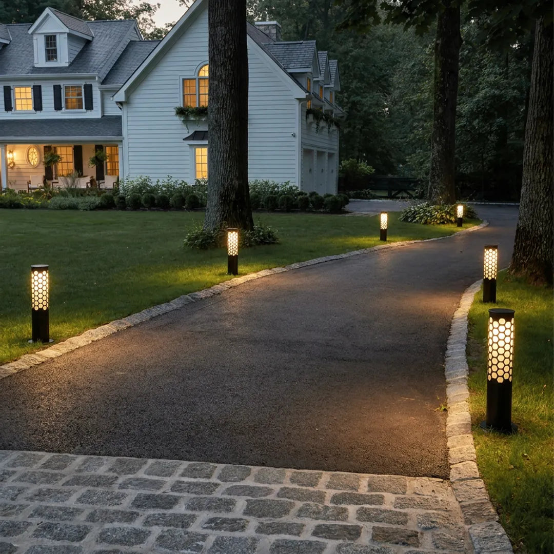 Solar Powered LED Bollard Lights Modern Honeycomb Outdoor Light