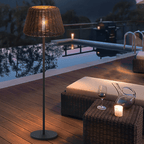 Elegant Rattan Shade LED Outdoor Floor Lamp Pendant Light with Stake and Open-Top Design