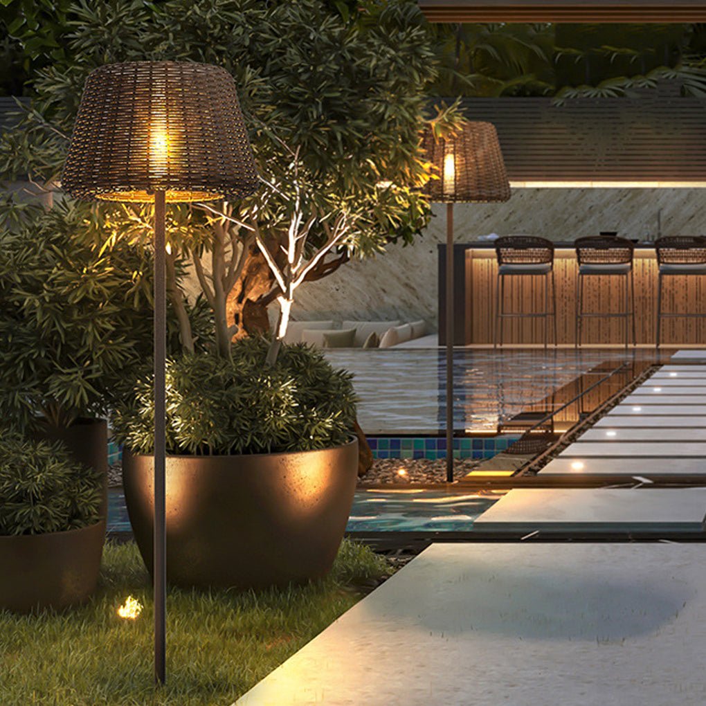 Elegant Rattan Shade LED Outdoor Floor Lamp Pendant Light with Stake and Open-Top Design