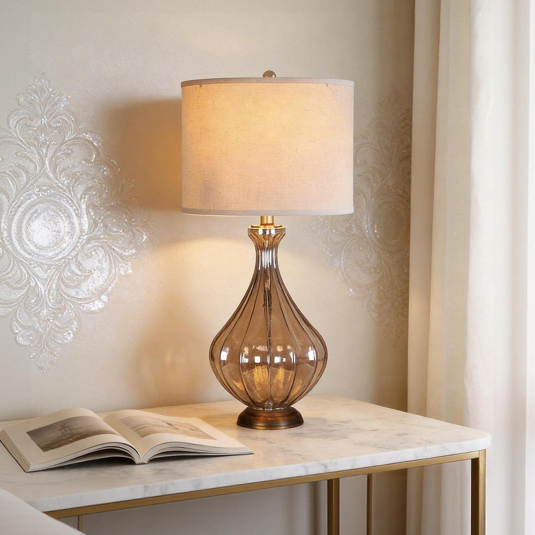 Glass Base Table Lamp with Sculptural  Classic Linen Shade Light