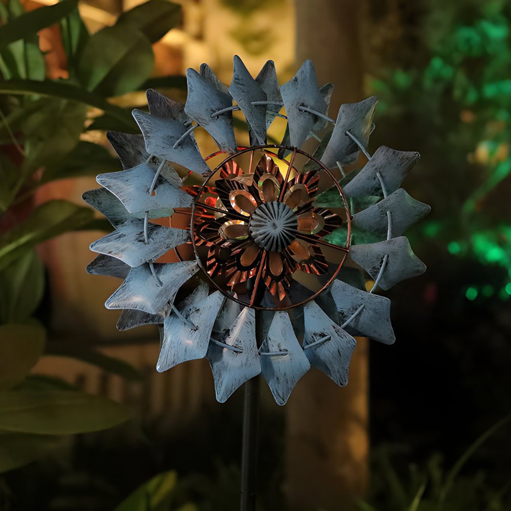 Elegant Vintage Iron Wind Spinner Solar Garden Stake Lights 2Pcs