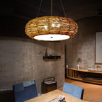 Flat Peach Shaped Wicker Pendant Light Farmhouse Burlywood Ceiling Light
