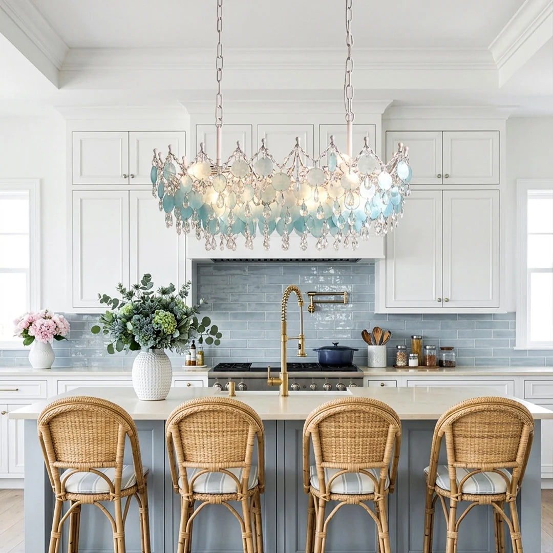 Glam Chandelier French Cream-Style Shell and Crystal Ceiling Light