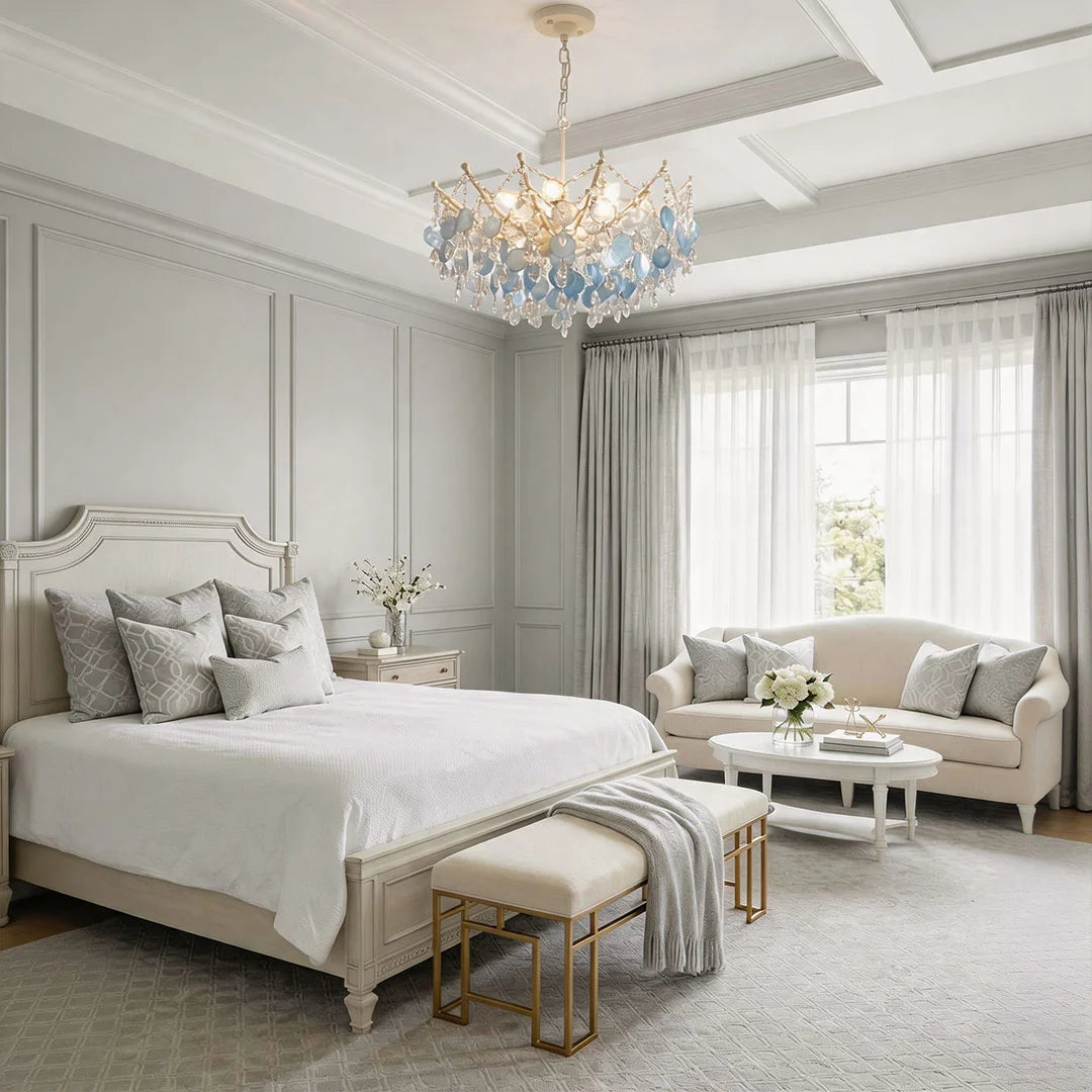 Glam Chandelier French Cream-Style Shell and Crystal Ceiling Light