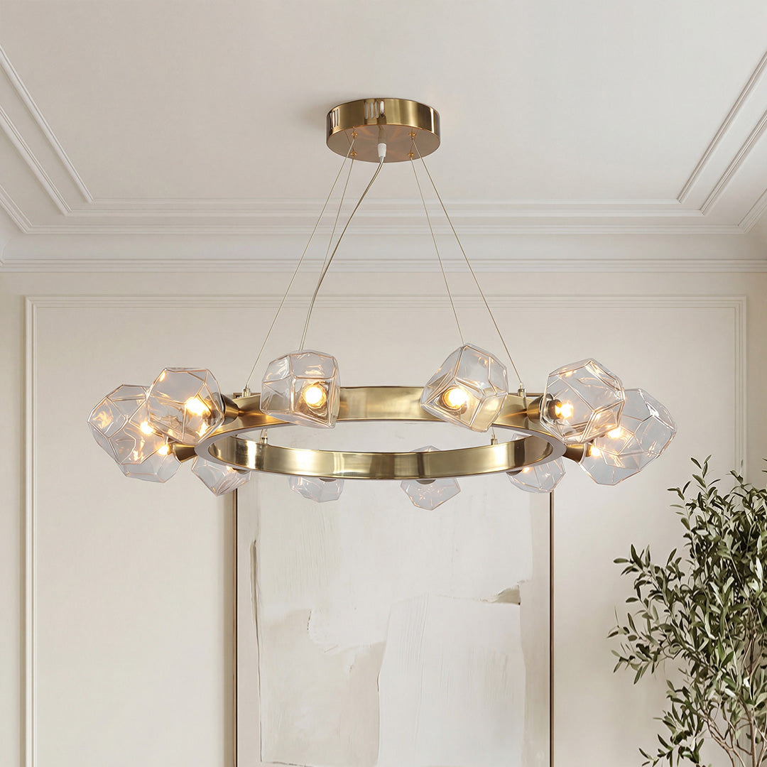 Gold Round Chandelier Featuring a Polished Brass Ring Ceiling Light