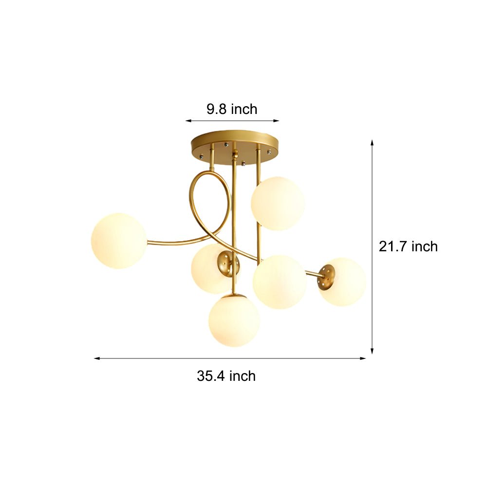 Modern 6-Light Gold/Black Semi-Flush Mount Chandelier with Glass Shade