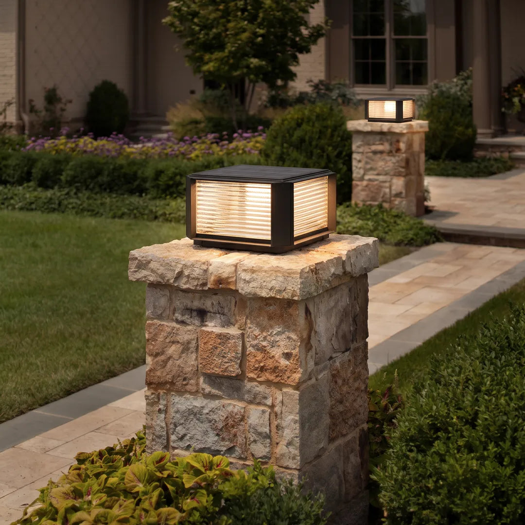 Modern Pillar Lights Layered Ribbed Glass Outdoor Light