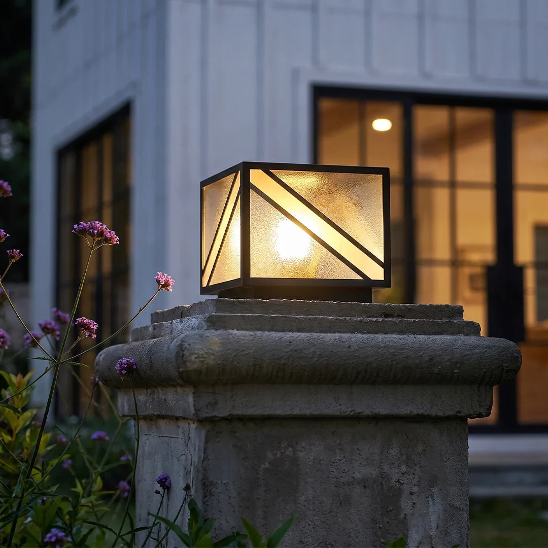 Black Outdoor Pillar Lights Modern Square Copper Waterproof Light