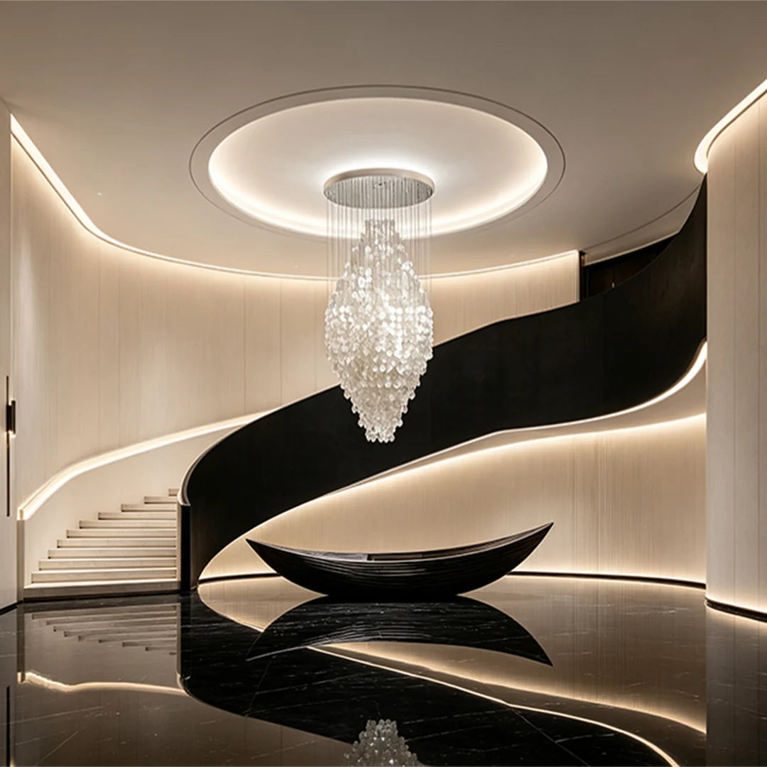 Modern Staircase Chandelier Cream-Style Round Shell Ceiling Light