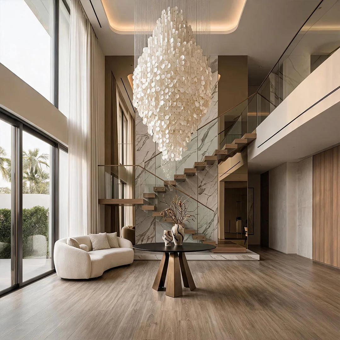 Modern Staircase Chandelier Cream-Style Round Shell Ceiling Light