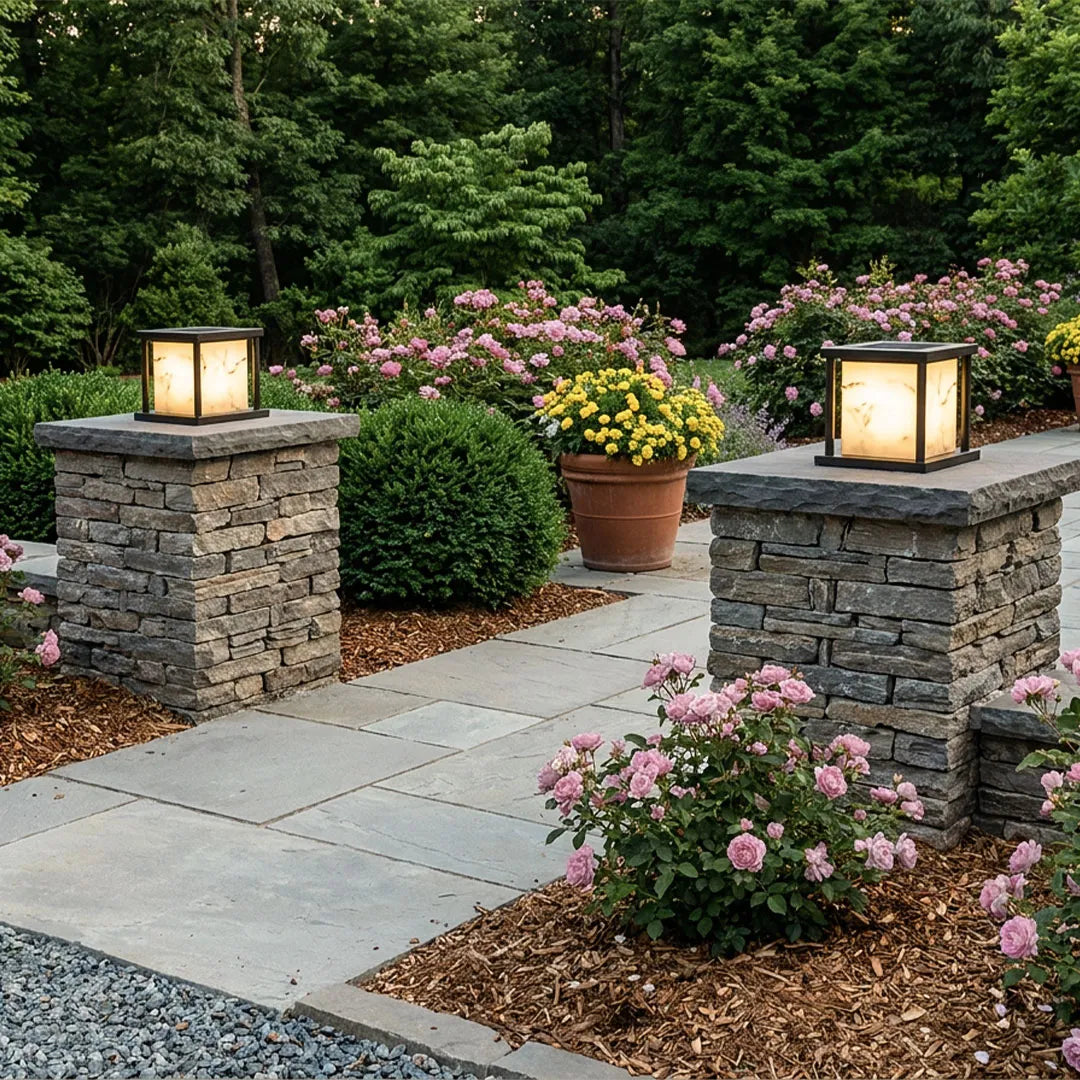 Outdoor Pillar Solar Lights Modern Faux Marble Light