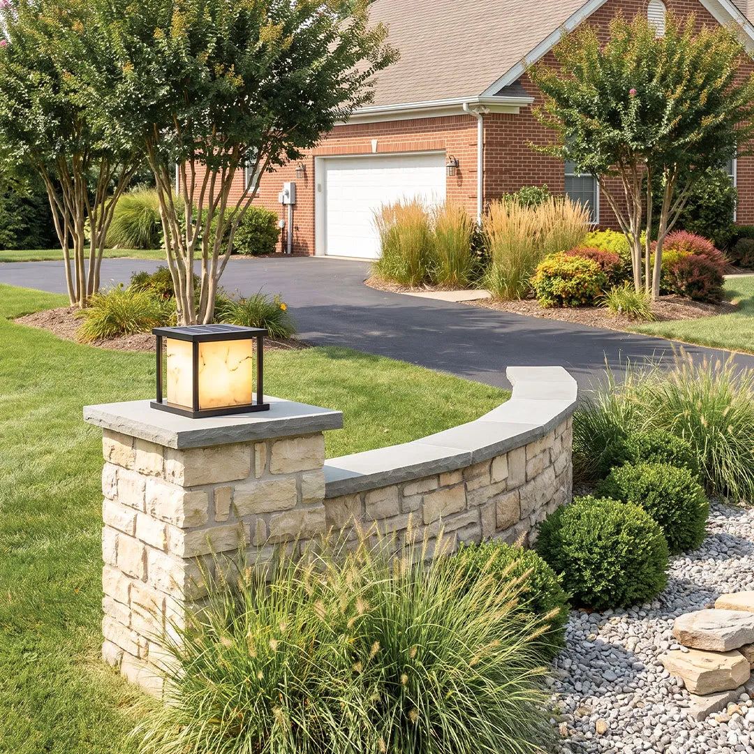 Outdoor Pillar Solar Lights Modern Faux Marble Light