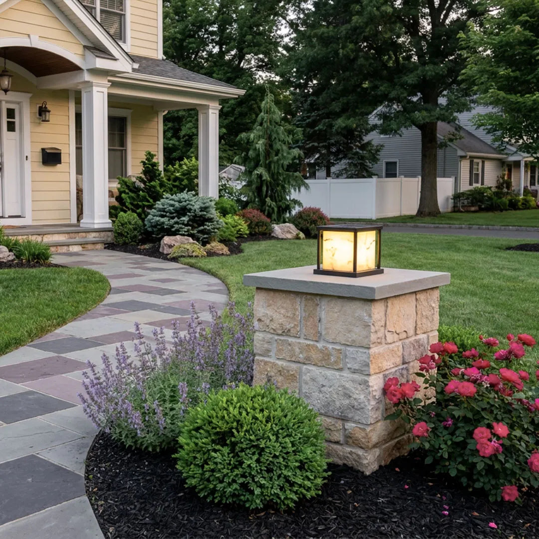 Outdoor Pillar Solar Lights Modern Faux Marble Light