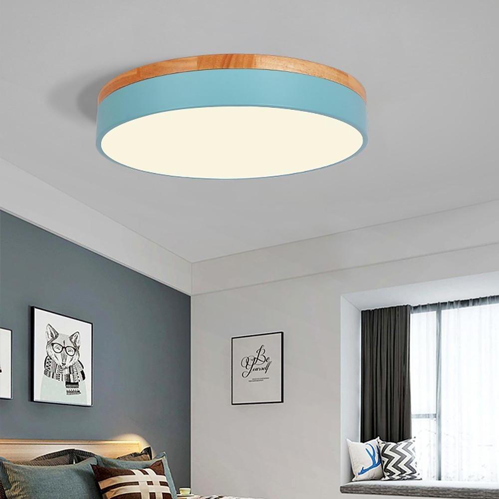 Circular Drum Flush Mount Light Metal Wood LED Ceiling Lights