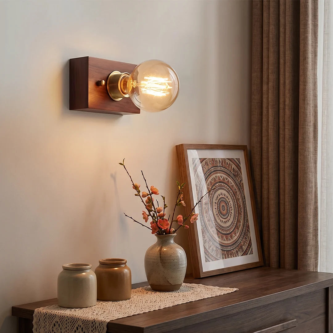 Retro Bedside Wall Light Mid-Century Modern Walnut and Brass Light