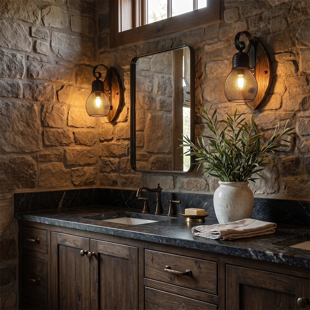 Rustic Antique Wood Iron Hollow Mesh Black Industrial Style Wall Lamp